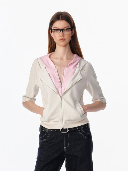 ALINNV Oatmeal Grey Faux Two Piece Zip Hooded Women&