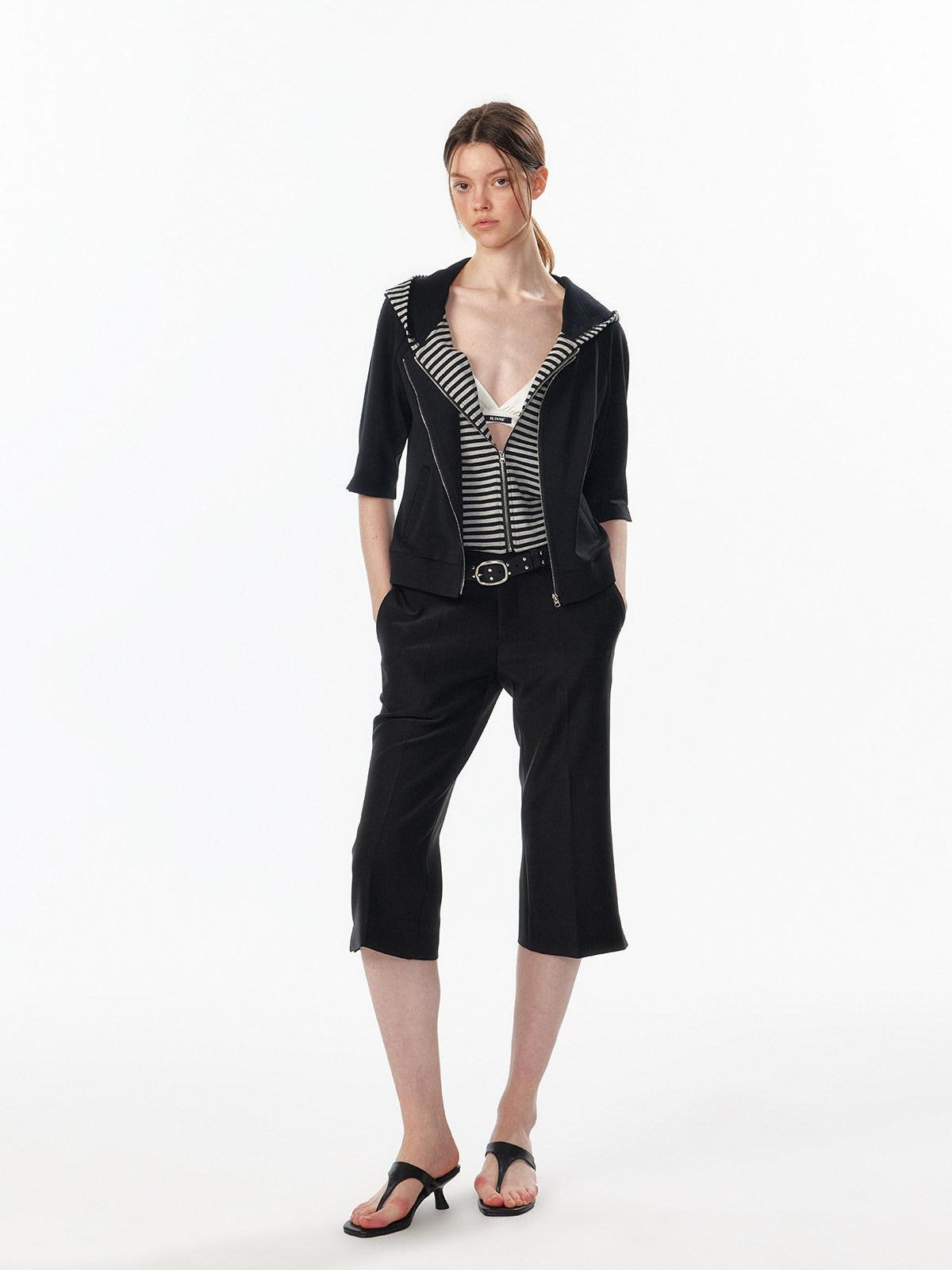ALINNV Oatmeal Grey Faux Two Piece Zip Hooded Women&