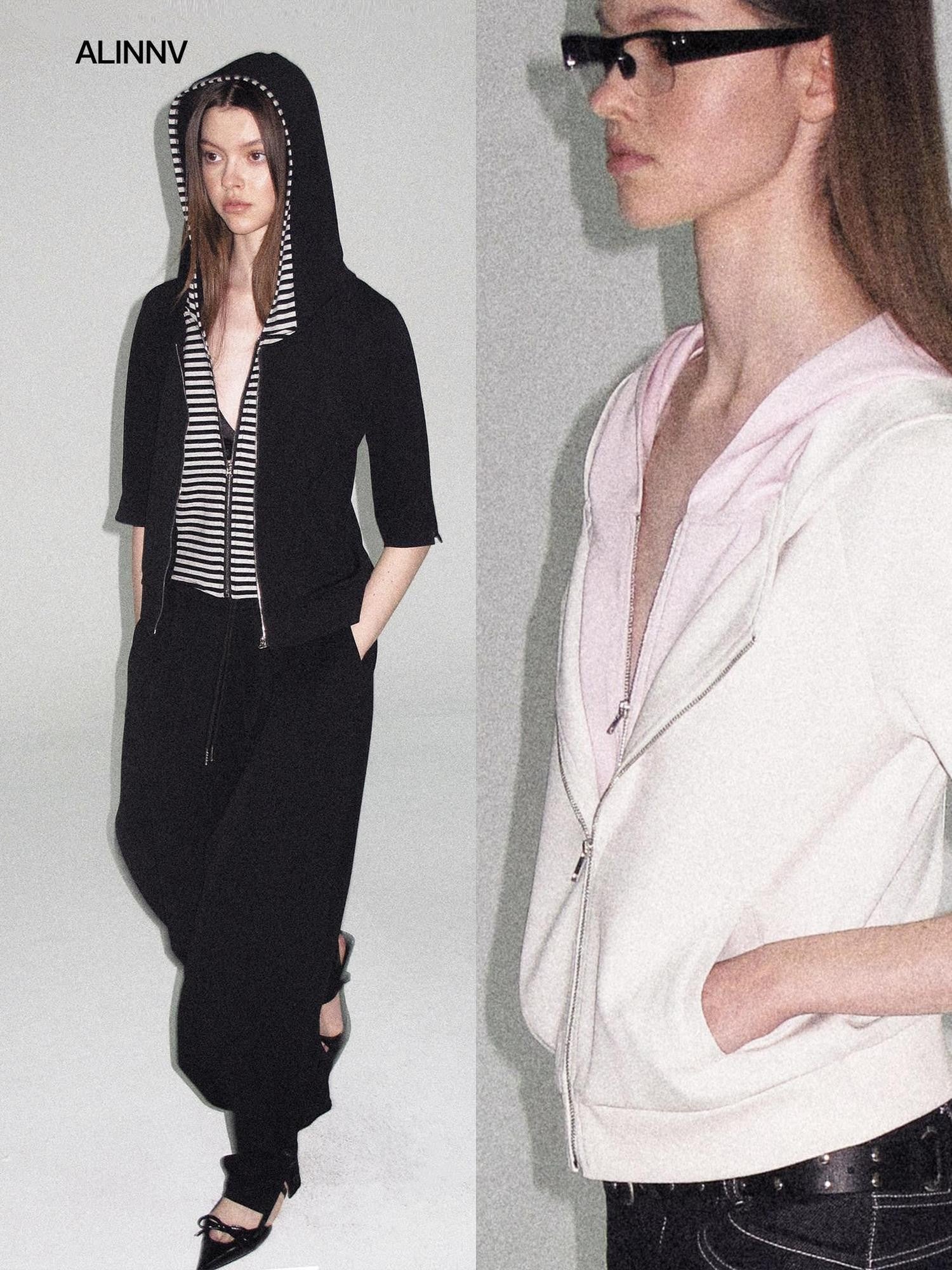 ALINNV Oatmeal Grey Faux Two Piece Zip Hooded Women&