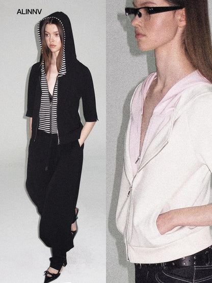 ALINNV Oatmeal Grey Faux Two Piece Zip Hooded Women&