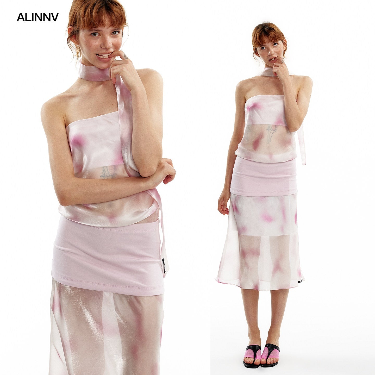 ALINNV_Pink_Polka_Dot_Asymmetrical_Strapless_A_Line_Women&