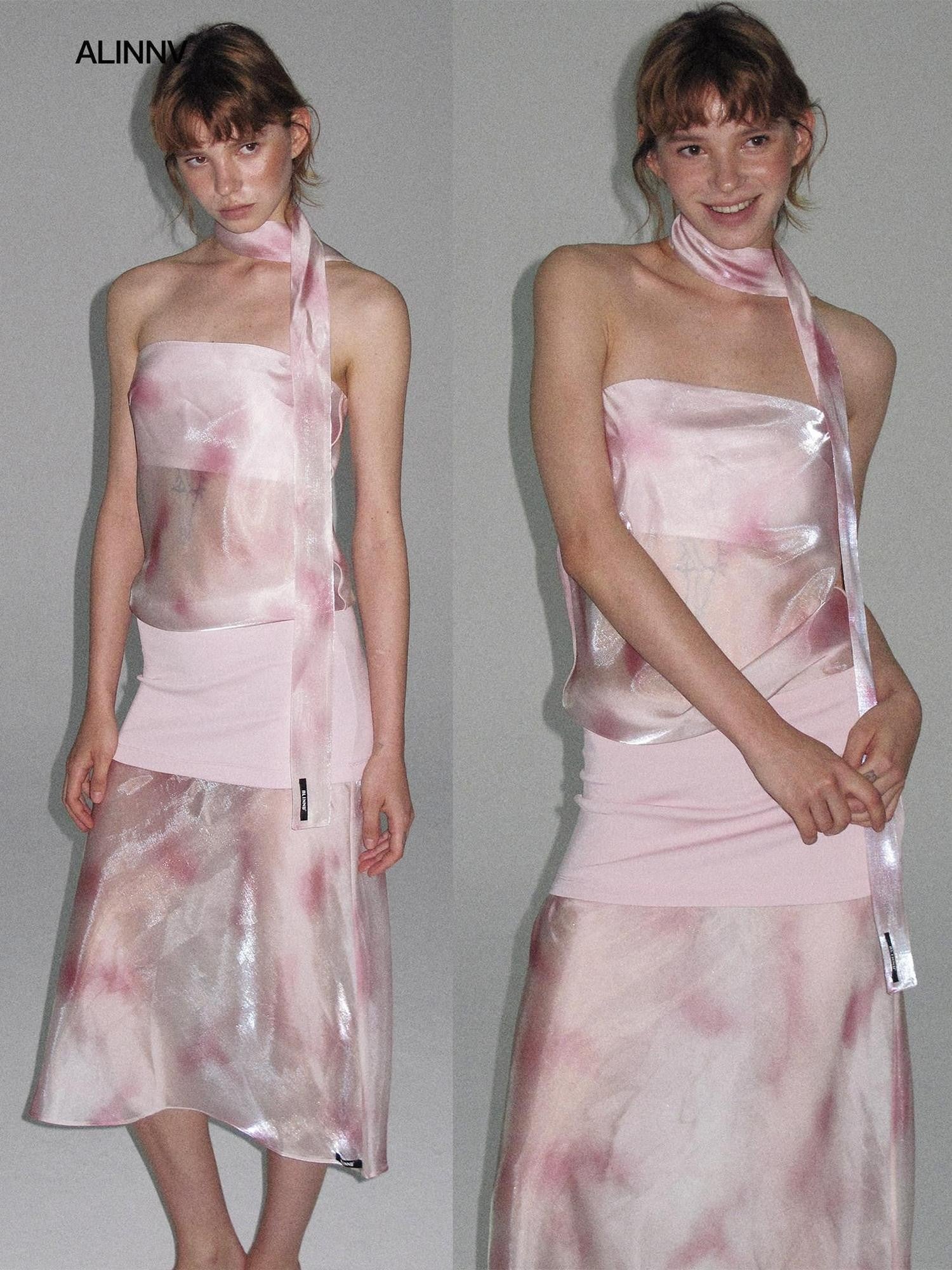 ALINNV Pink Polka Dot Asymmetrical Strapless A Line Women&