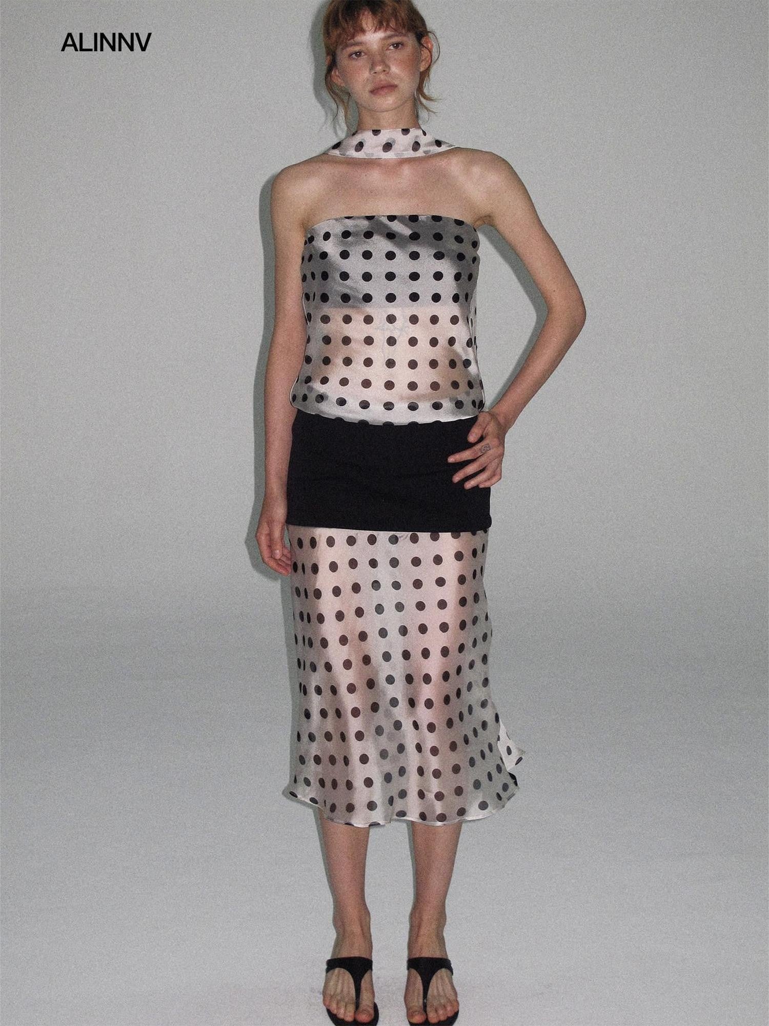 ALINNV Pink Polka Dot Asymmetrical Strapless A Line Women&