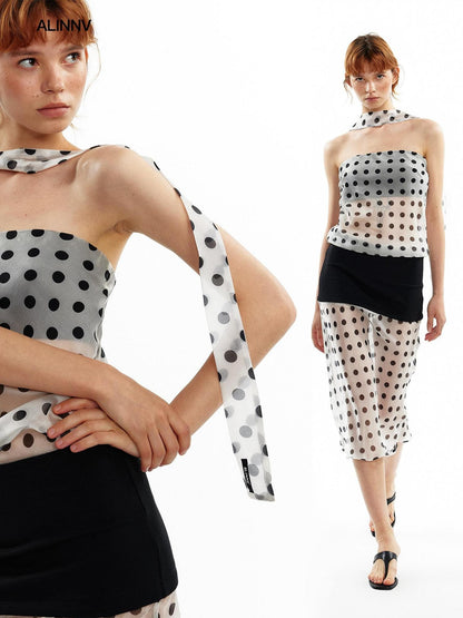 ALINNV Pink Polka Dot Asymmetrical Strapless A Line Women&