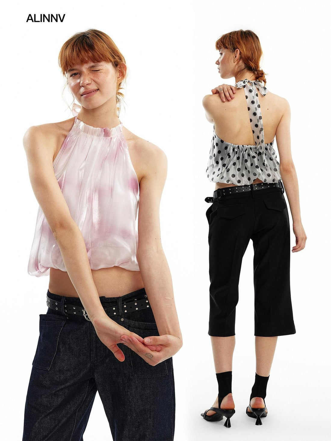 ALINNV Pink Polka Dot Bubble Hem Elastic Cropped Halter Tie Women&