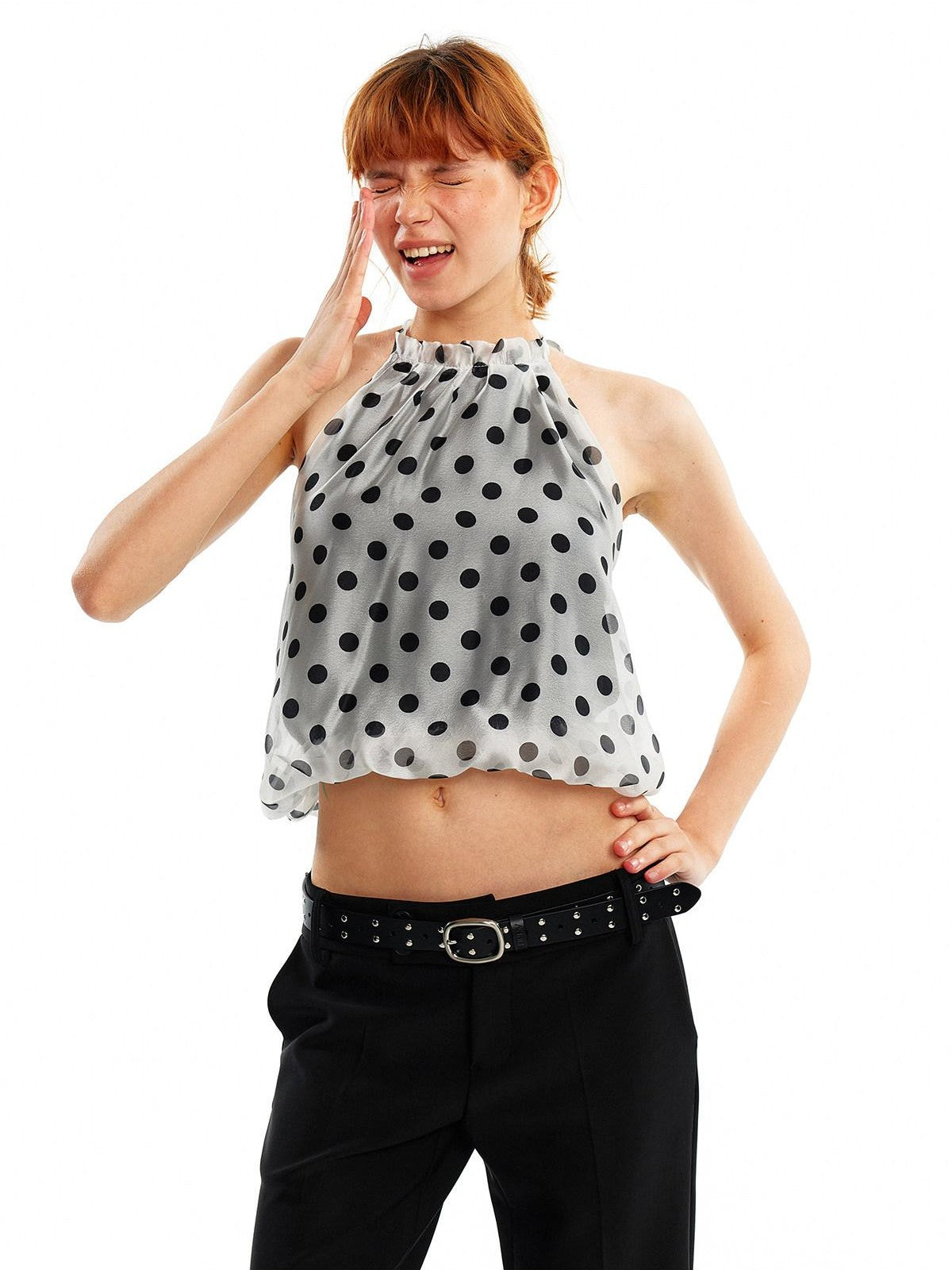 ALINNV Pink Polka Dot Bubble Hem Elastic Cropped Halter Tie Women&
