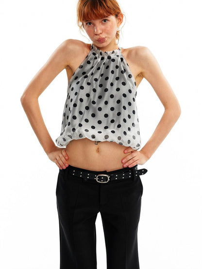 ALINNV Pink Polka Dot Bubble Hem Elastic Cropped Halter Tie Women&