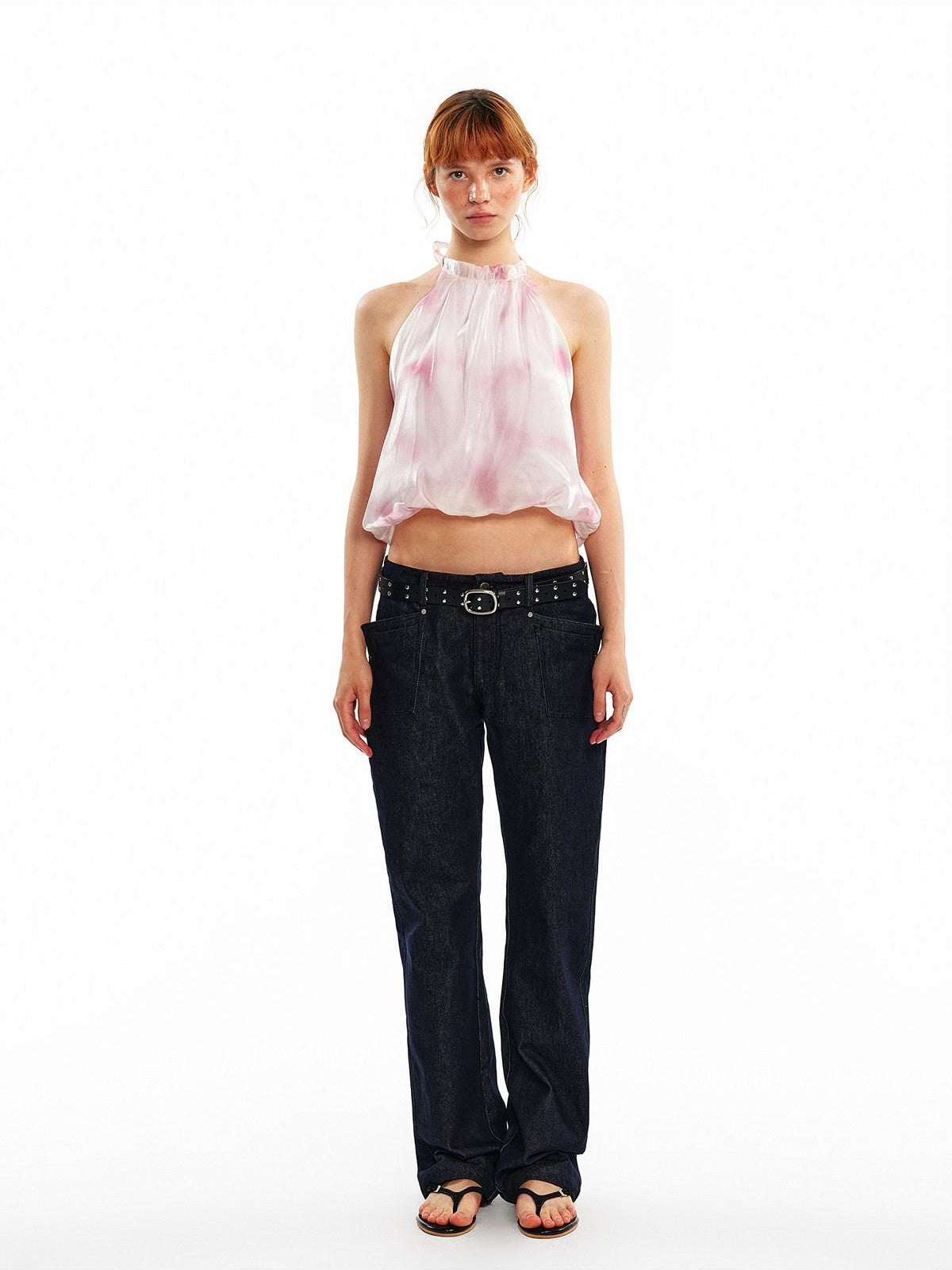 ALINNV Pink Polka Dot Bubble Hem Elastic Cropped Halter Tie Women&