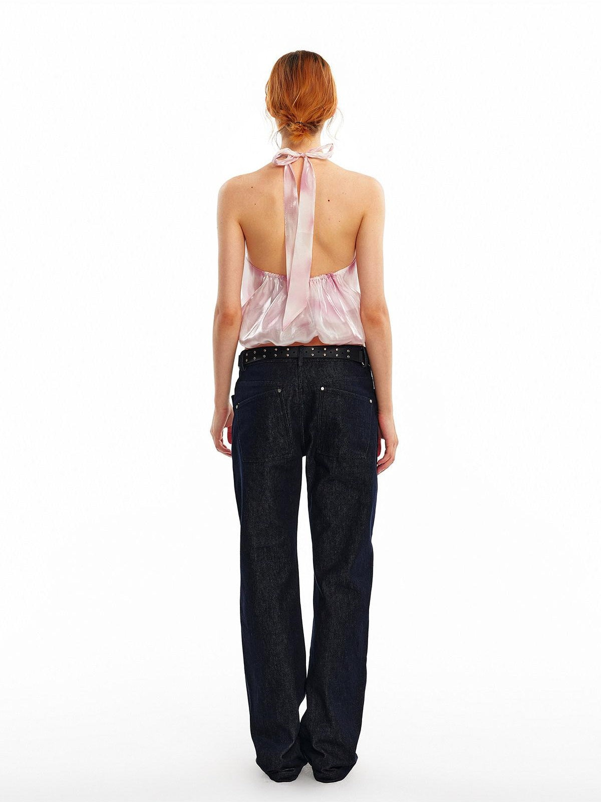 ALINNV Pink Polka Dot Bubble Hem Elastic Cropped Halter Tie Women&