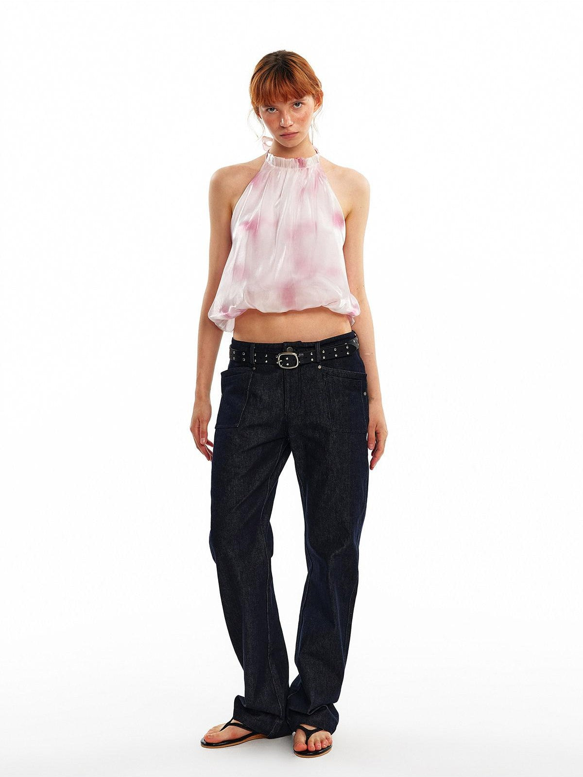 ALINNV Pink Polka Dot Bubble Hem Elastic Cropped Halter Tie Women&