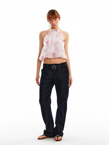 ALINNV Pink Polka Dot Bubble Hem Elastic Cropped Halter Tie Women&
