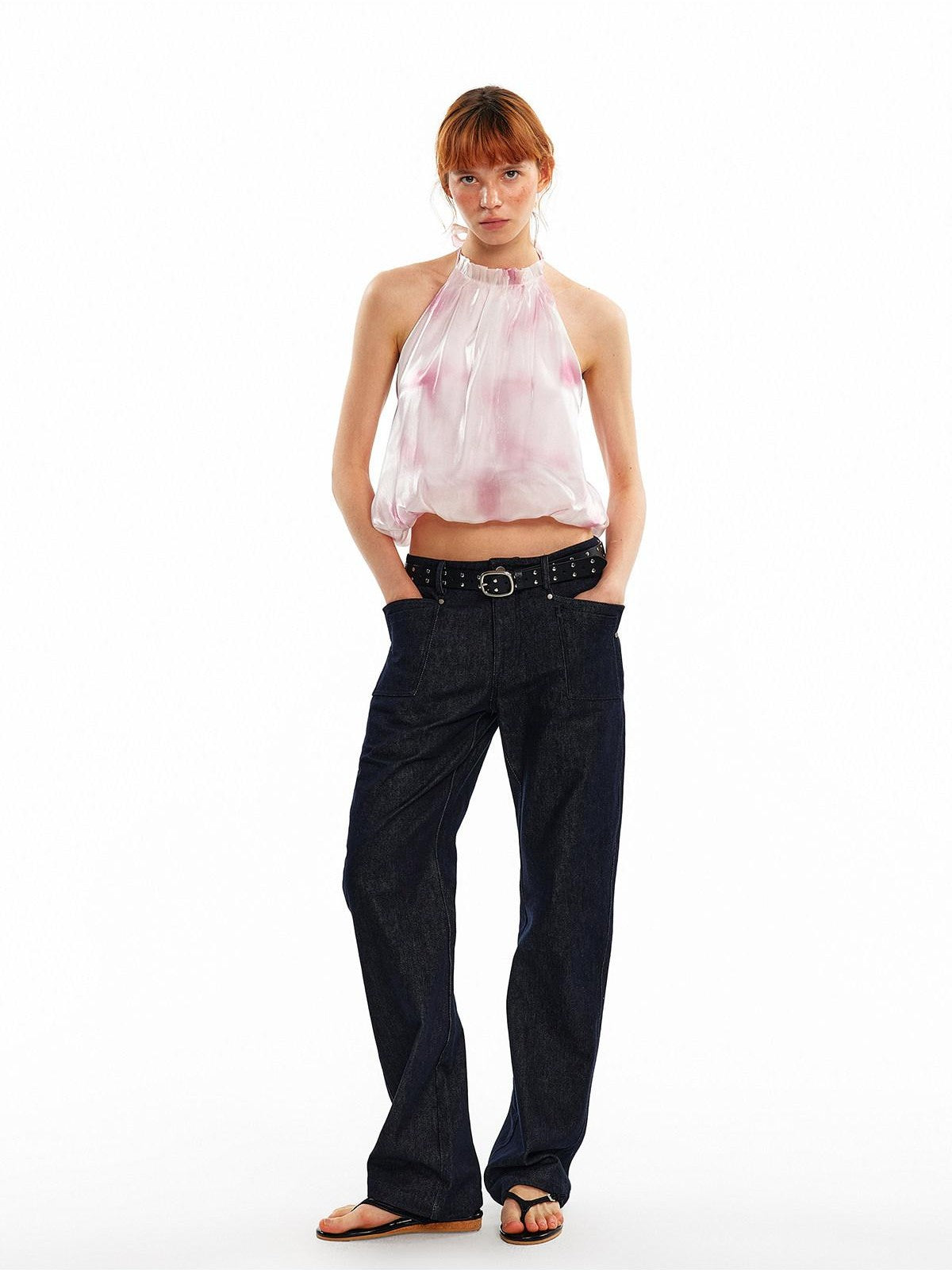 ALINNV Pink Polka Dot Bubble Hem Elastic Cropped Halter Tie Women&