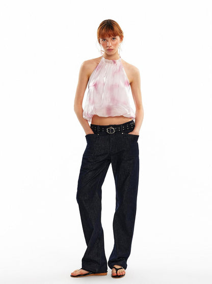 ALINNV Pink Polka Dot Bubble Hem Elastic Cropped Halter Tie Women&