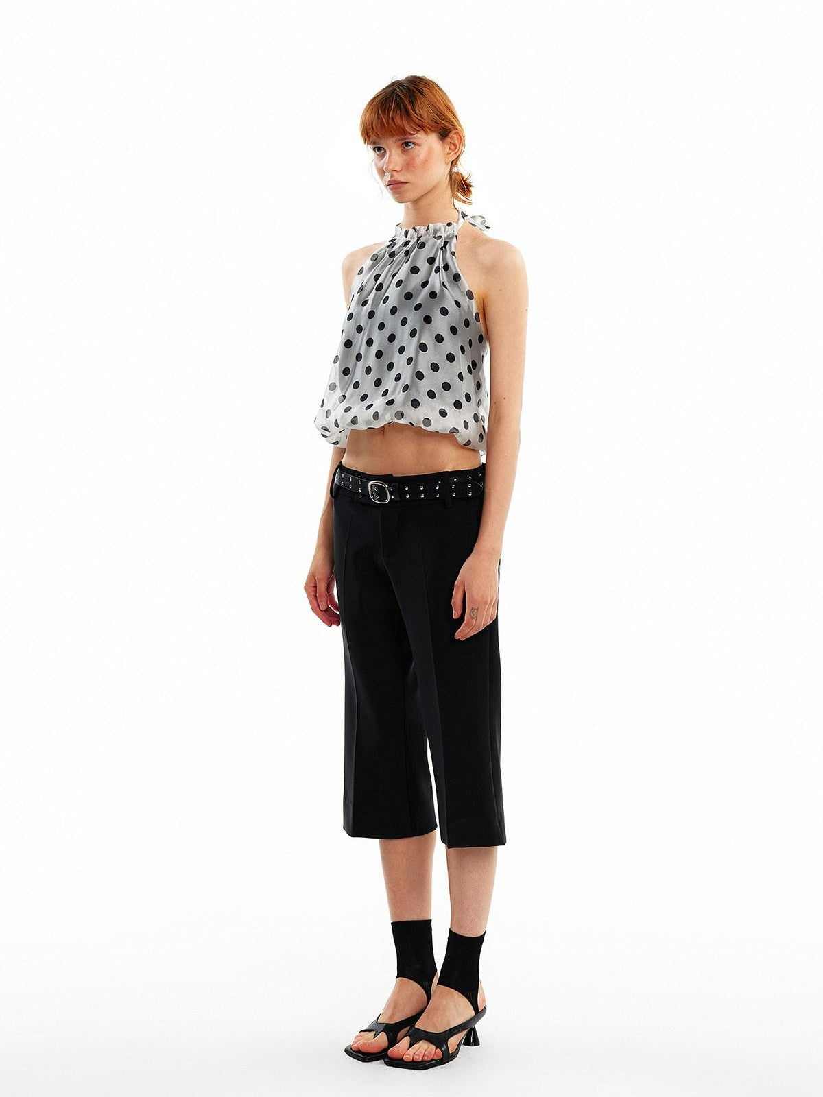 ALINNV Pink Polka Dot Bubble Hem Elastic Cropped Halter Tie Women&