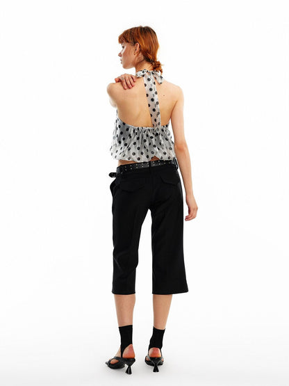 ALINNV Pink Polka Dot Bubble Hem Elastic Cropped Halter Tie Women&