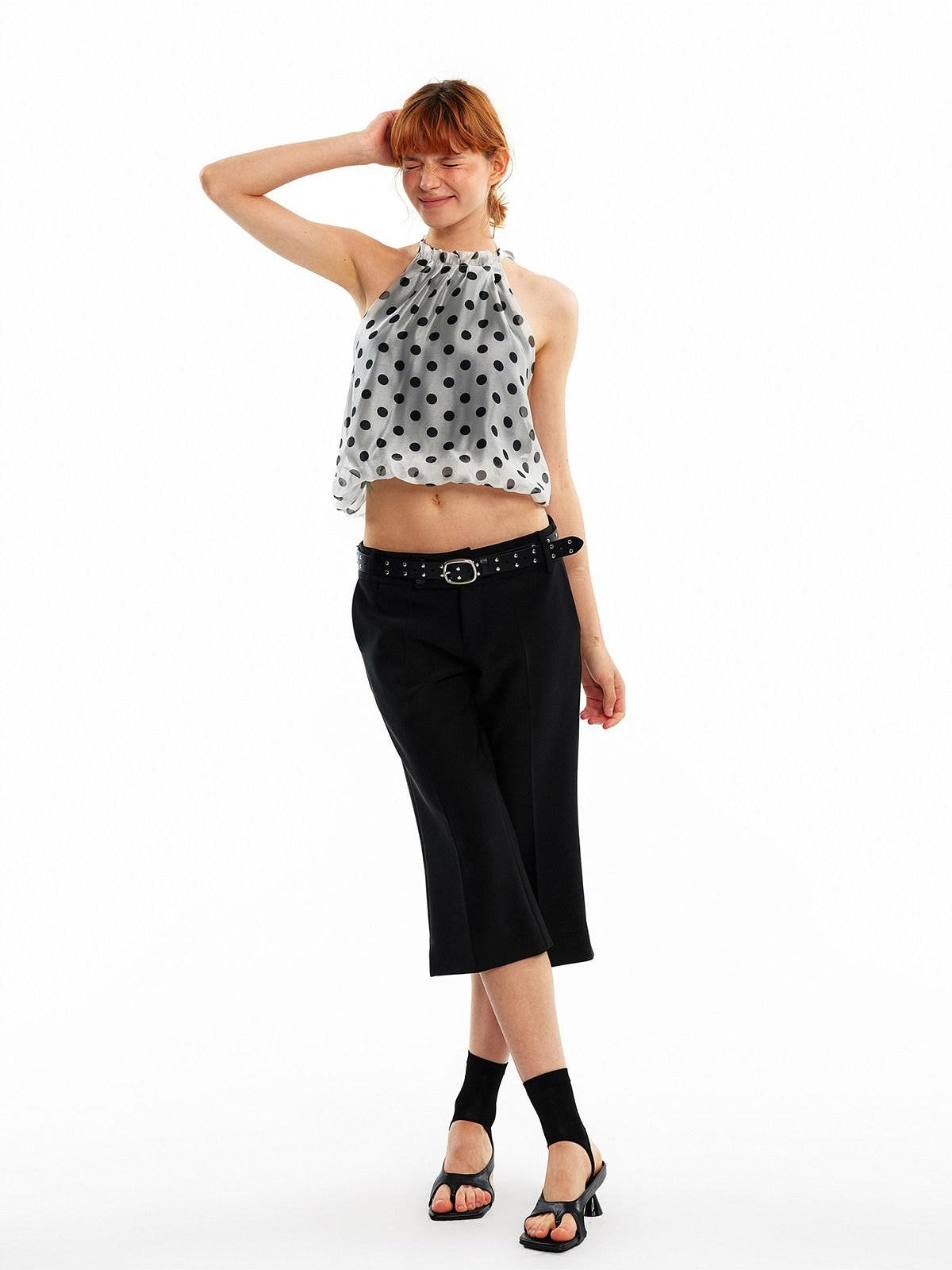 ALINNV Pink Polka Dot Bubble Hem Elastic Cropped Halter Tie Women&