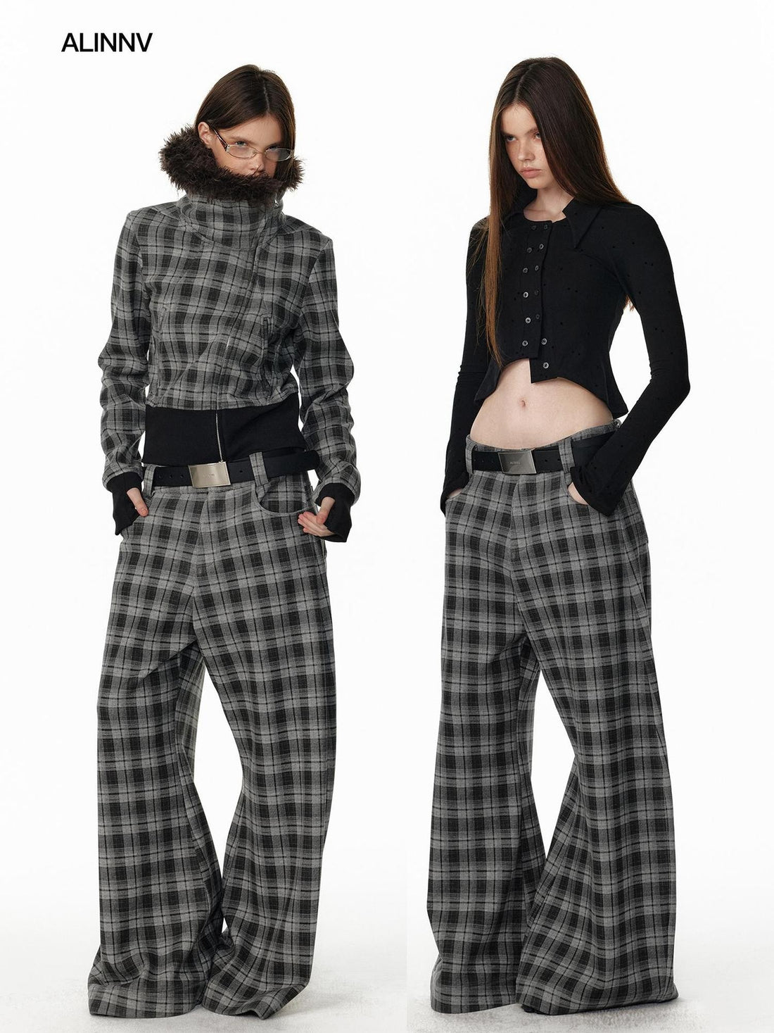 ALINNV Plaid Lined Wide Leg Low Rise Women&