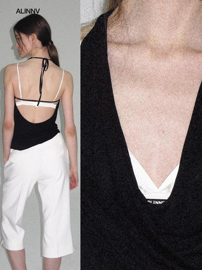 ALINNV Plunging Deep V Halter Tie Backless Strappy Slim Women&