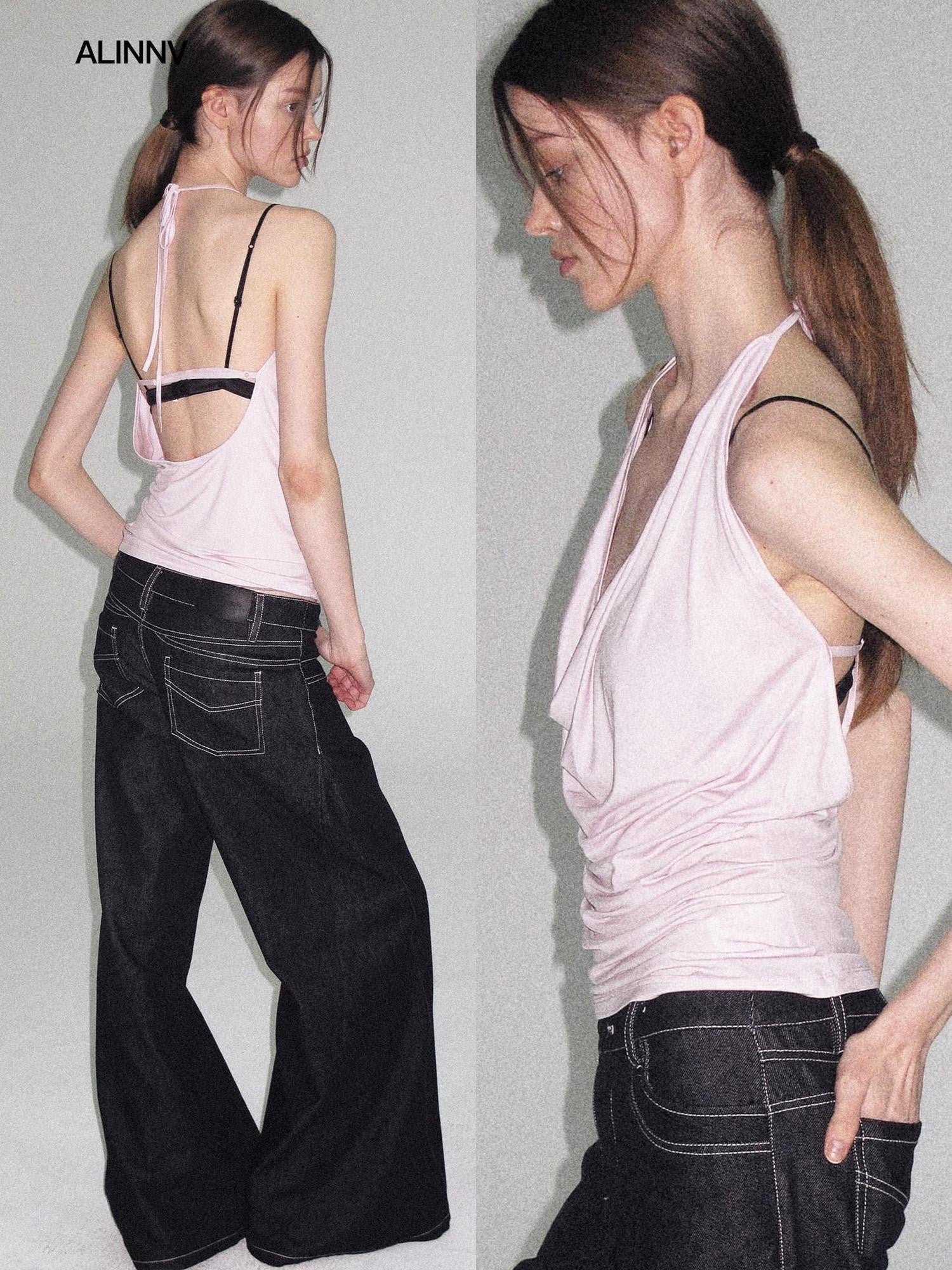 ALINNV Plunging Deep V Halter Tie Backless Strappy Slim Women&