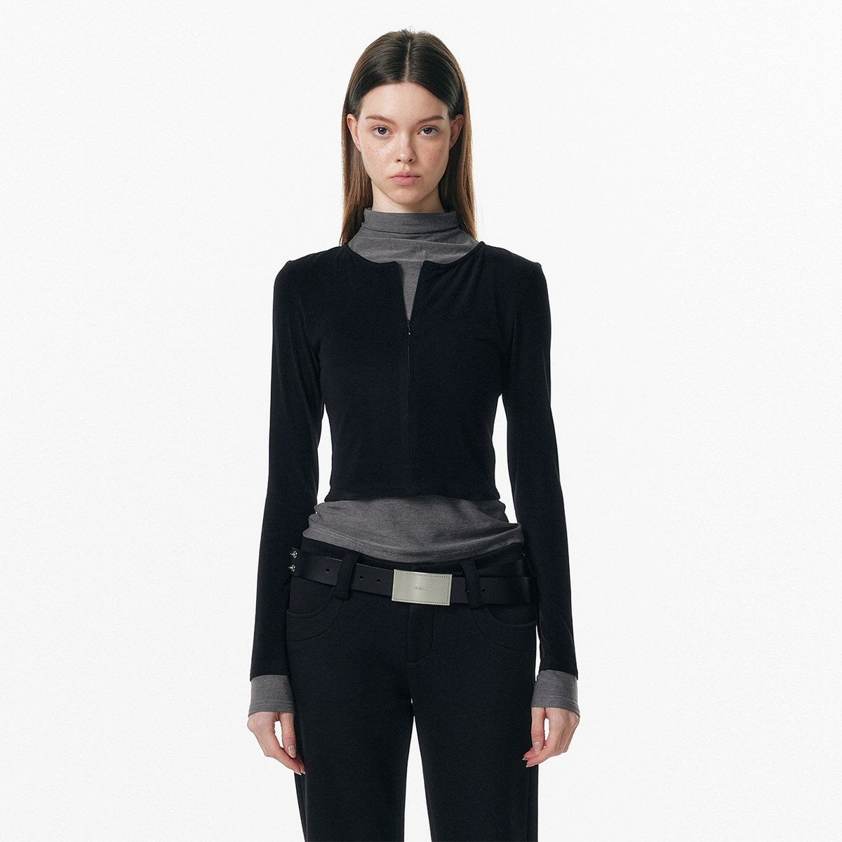 ALINNV_Plush_Colorblock_Faux_Layer_Zip_Half_Collar_Women&