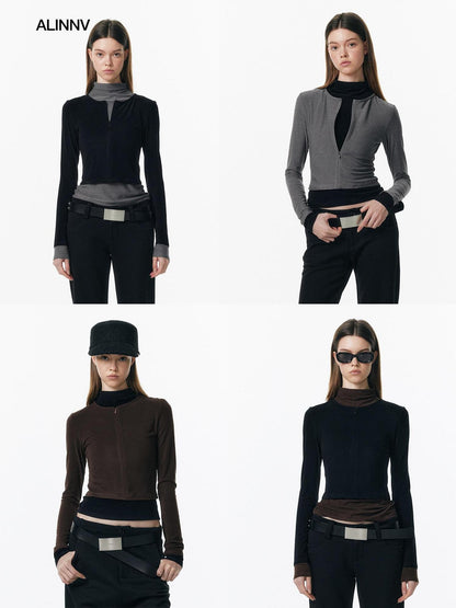 ALINNV Plush Colorblock Faux Layer Zip Half Collar Women&