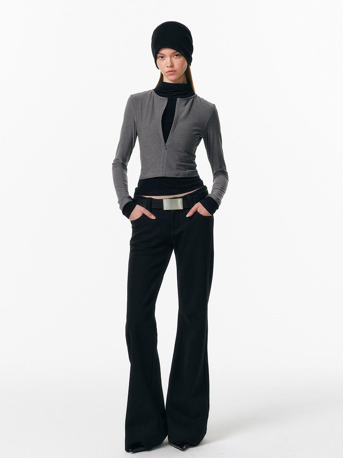 ALINNV Plush Colorblock Faux Layer Zip Half Collar Women&