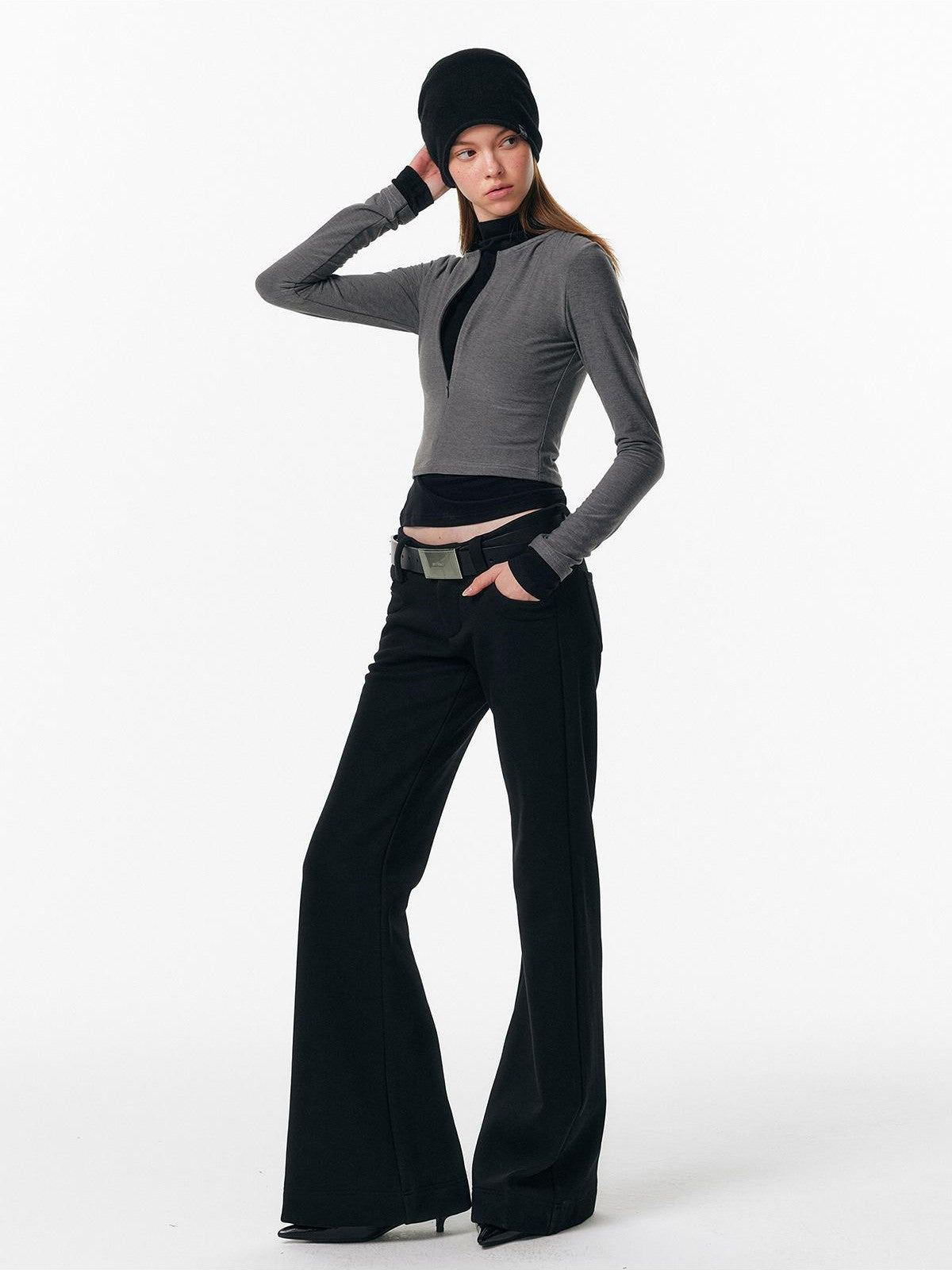 ALINNV Plush Colorblock Faux Layer Zip Half Collar Women&