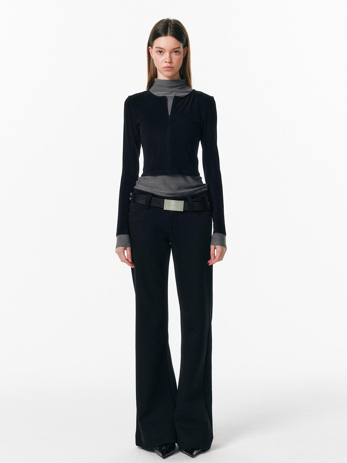 ALINNV Plush Colorblock Faux Layer Zip Half Collar Women&