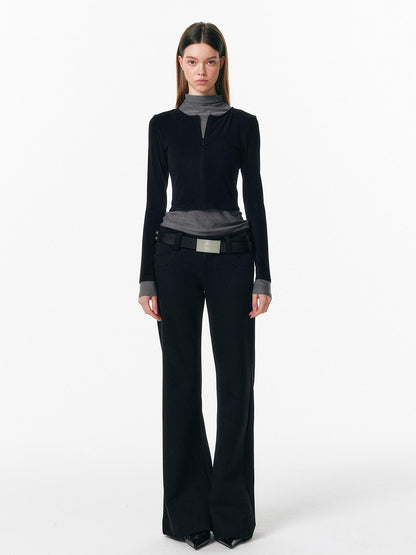 ALINNV Plush Colorblock Faux Layer Zip Half Collar Women&
