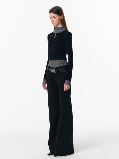 ALINNV Plush Colorblock Faux Layer Zip Half Collar Women&