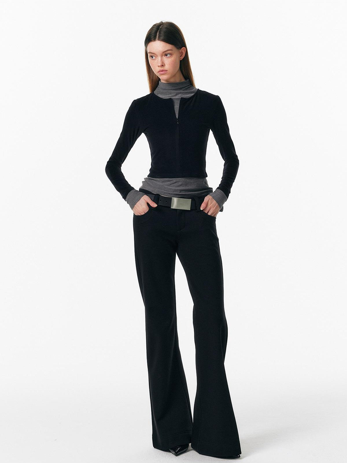ALINNV Plush Colorblock Faux Layer Zip Half Collar Women&