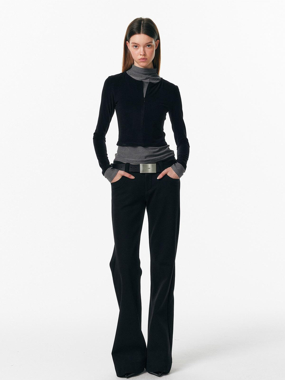 ALINNV Plush Colorblock Faux Layer Zip Half Collar Women&
