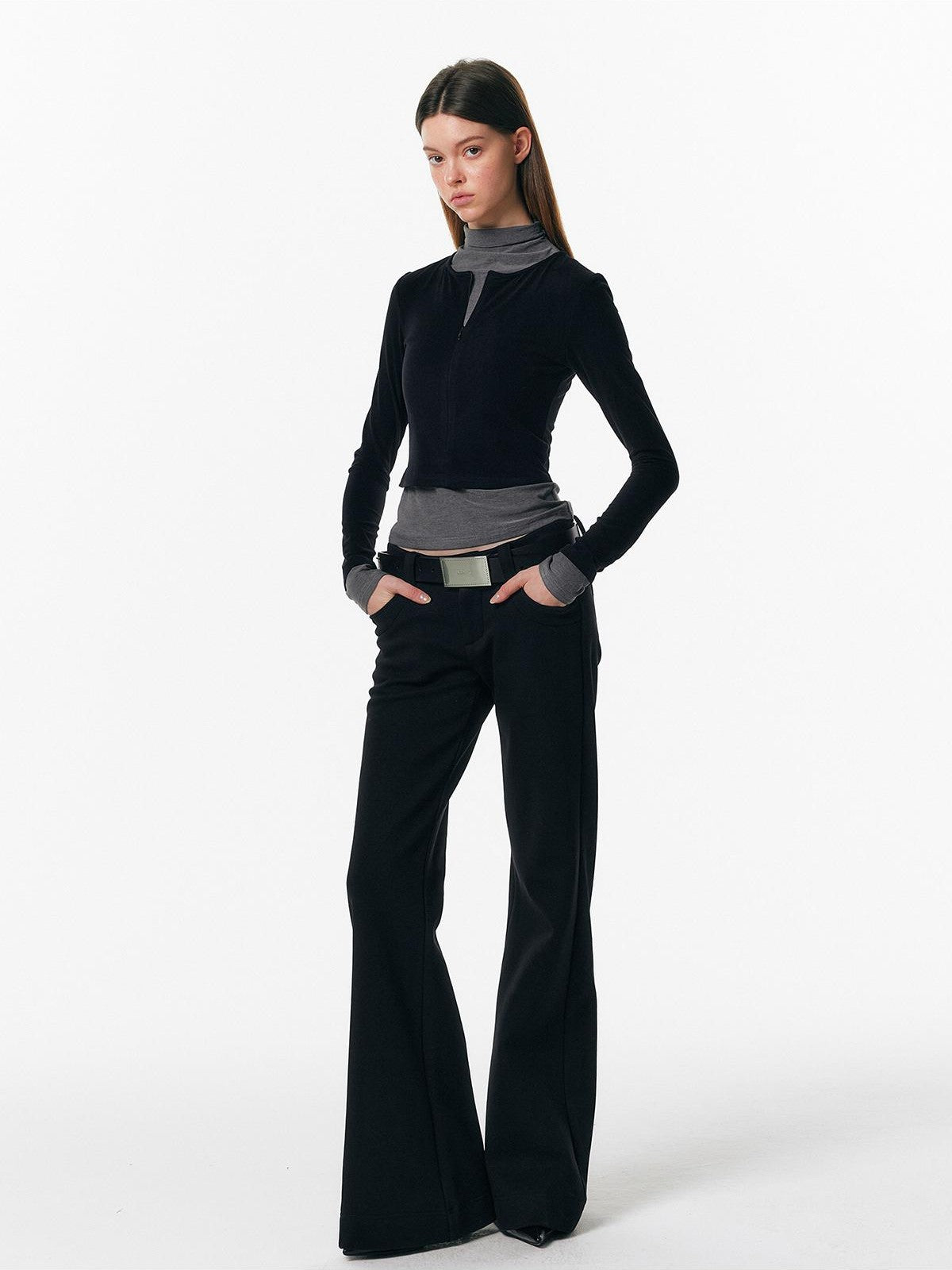 ALINNV Plush Colorblock Faux Layer Zip Half Collar Women&