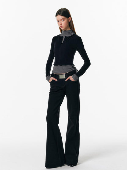 ALINNV Plush Colorblock Faux Layer Zip Half Collar Women&