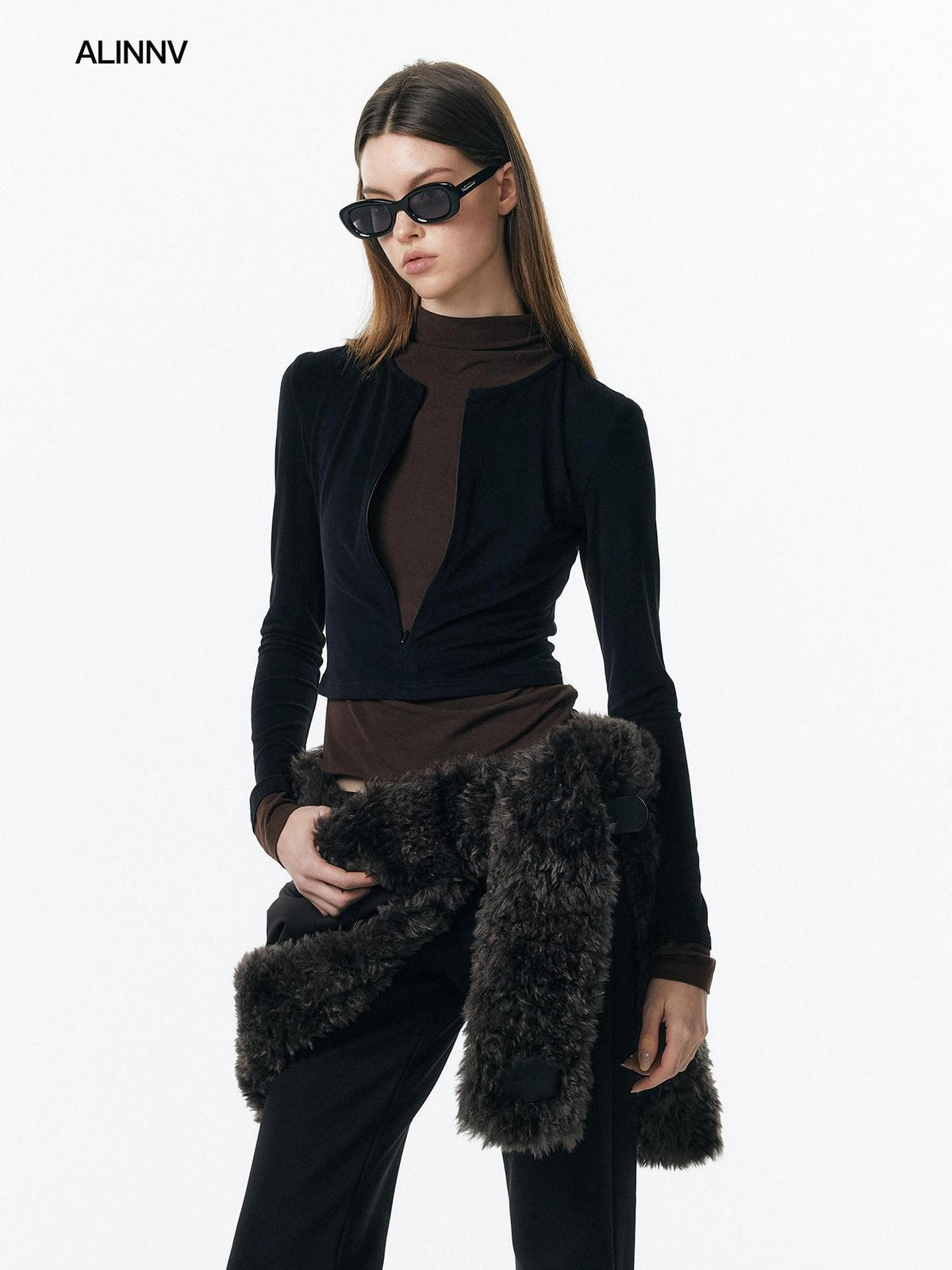 ALINNV Plush Colorblock Faux Layer Zip Half Collar Women&