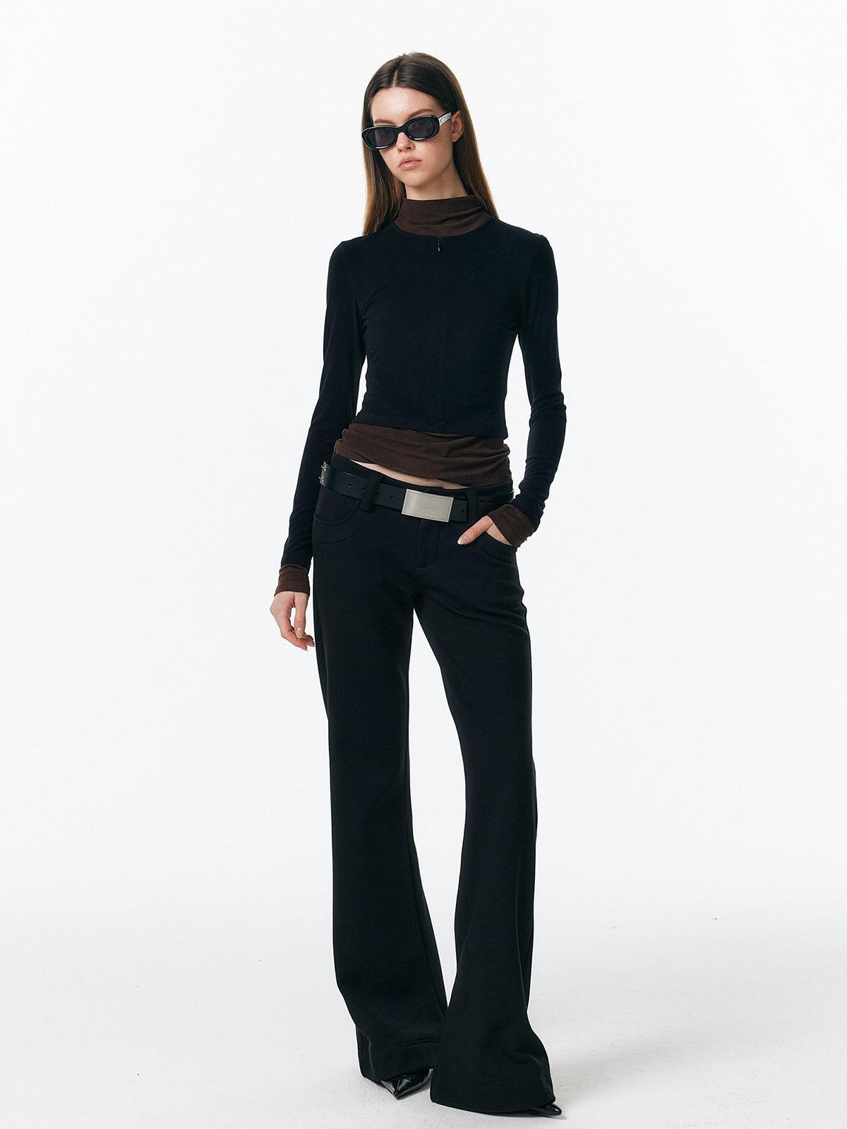 ALINNV Plush Colorblock Faux Layer Zip Half Collar Women&