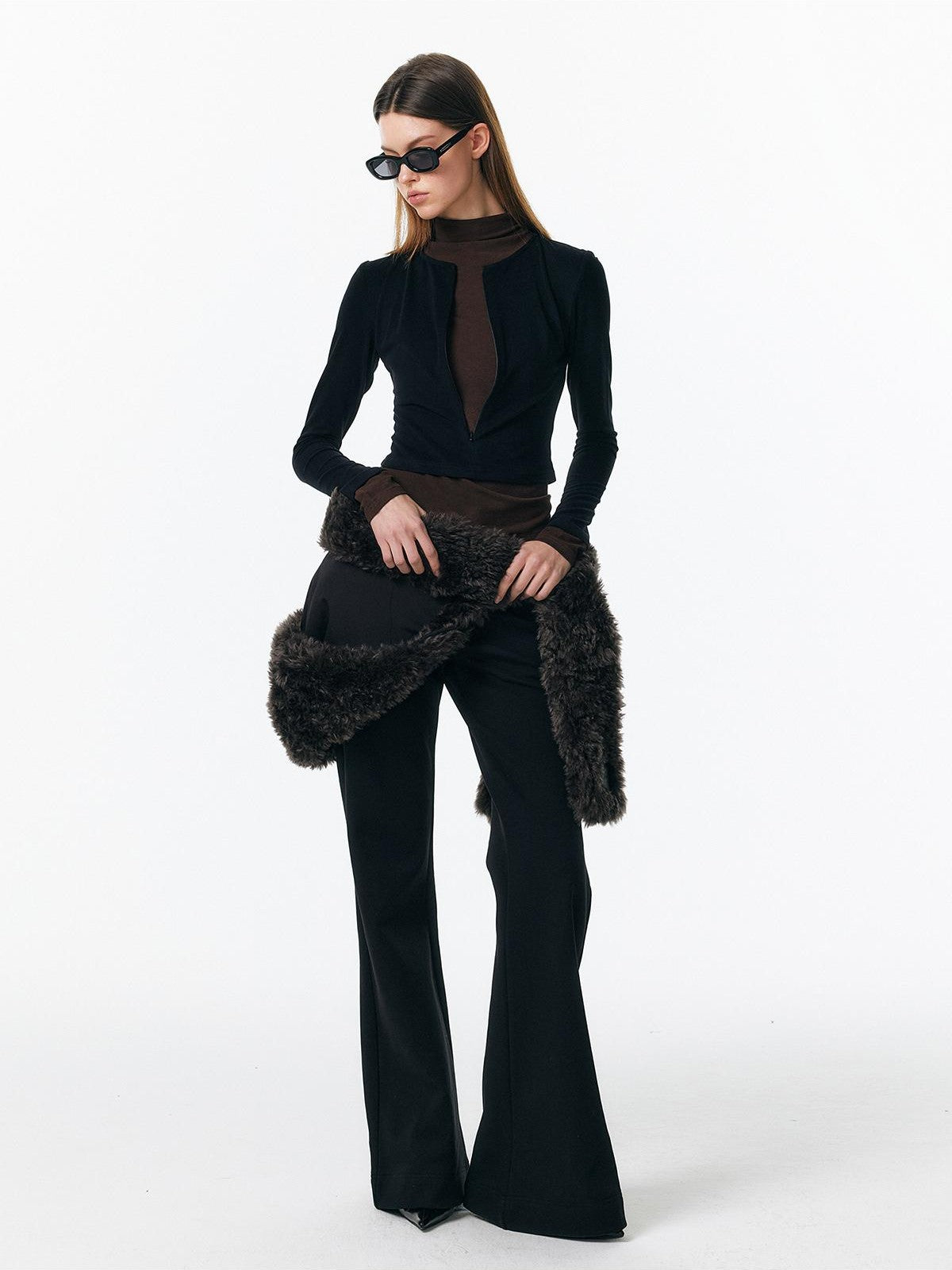 ALINNV Plush Colorblock Faux Layer Zip Half Collar Women&