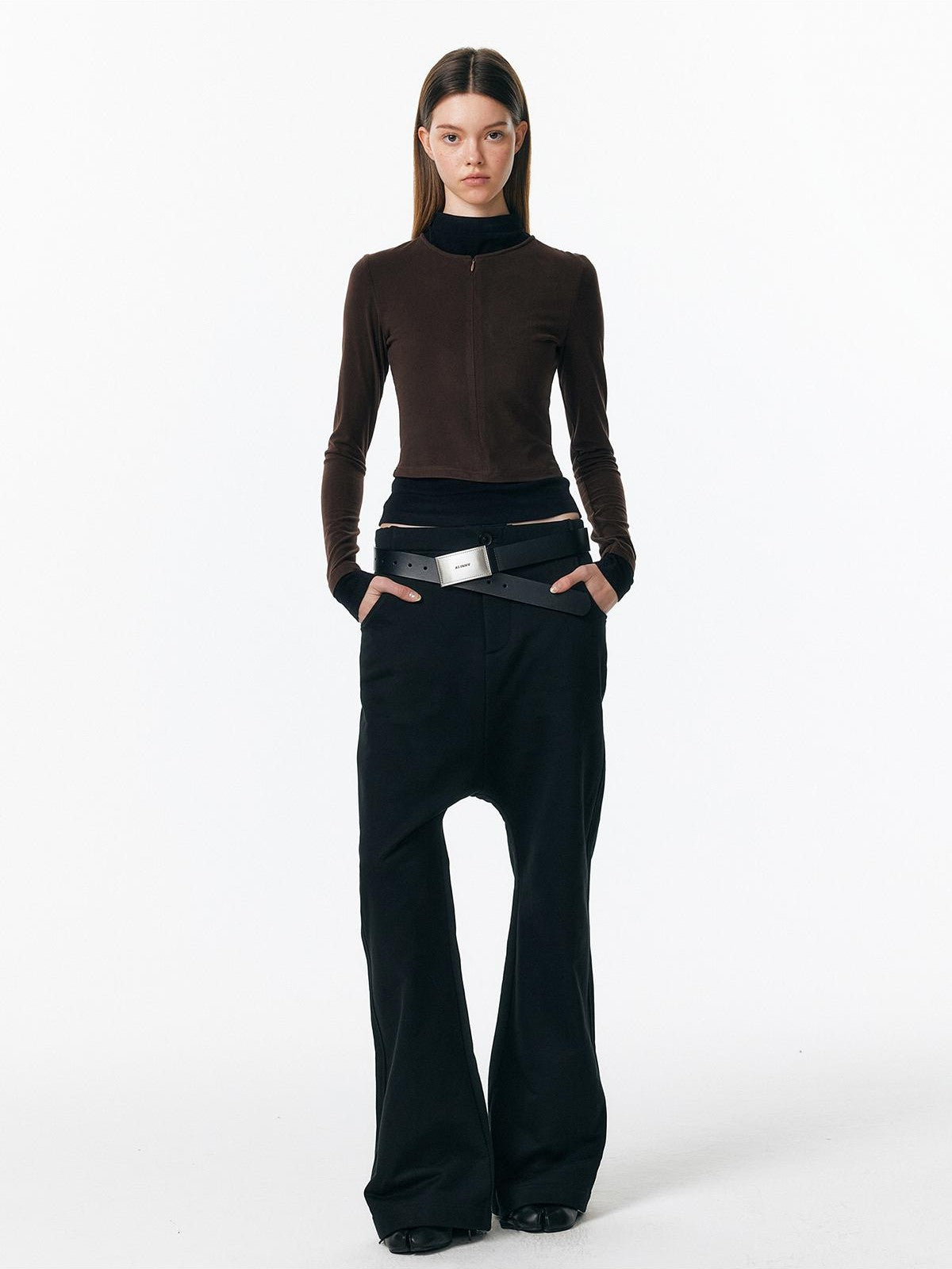 ALINNV Plush Colorblock Faux Layer Zip Half Collar Women&