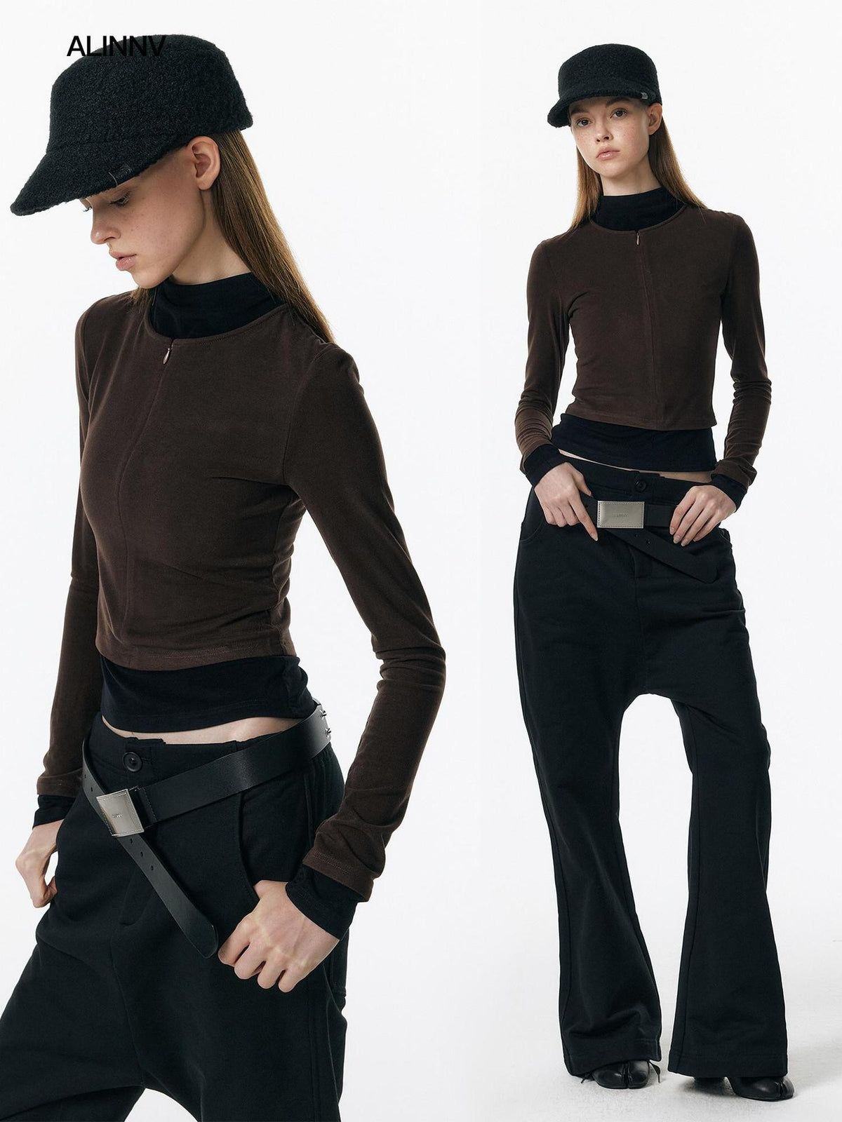 ALINNV Plush Colorblock Faux Layer Zip Half Collar Women&