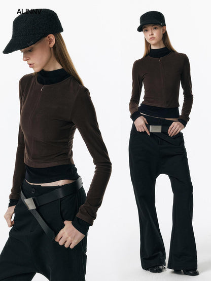 ALINNV Plush Colorblock Faux Layer Zip Half Collar Women&