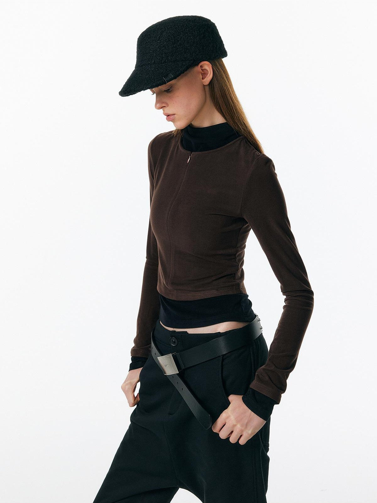 ALINNV Plush Colorblock Faux Layer Zip Half Collar Women&