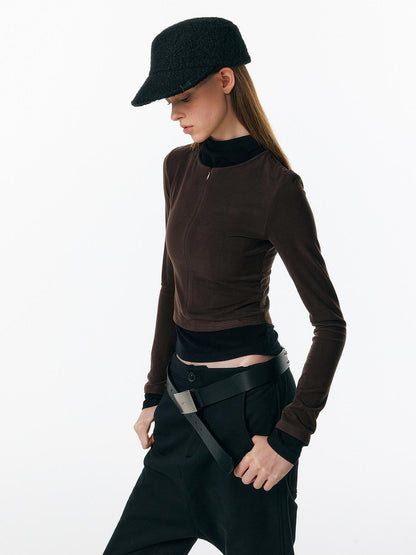 ALINNV Plush Colorblock Faux Layer Zip Half Collar Women&