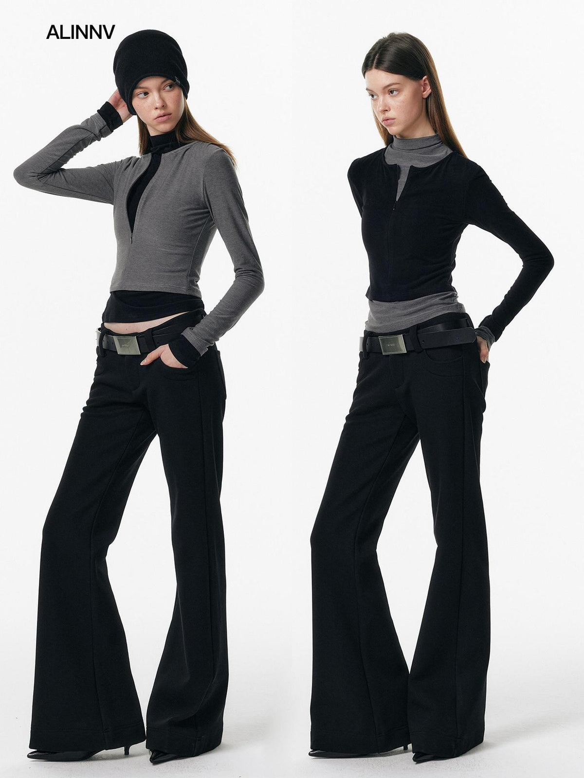 ALINNV Plush Colorblock Faux Layer Zip Half Collar Women&