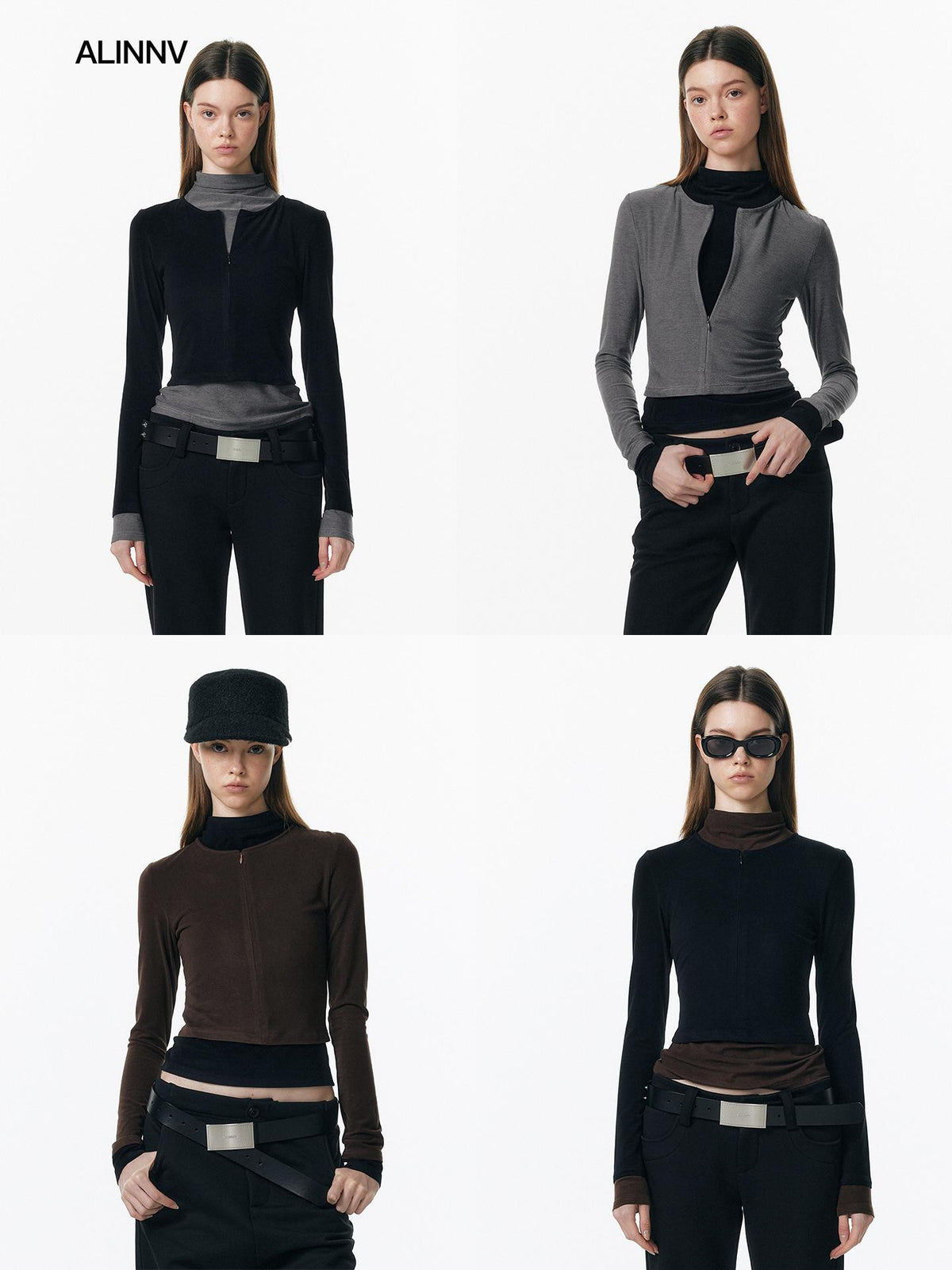 ALINNV Plush Colorblock Faux Layer Zip Half Collar Women&