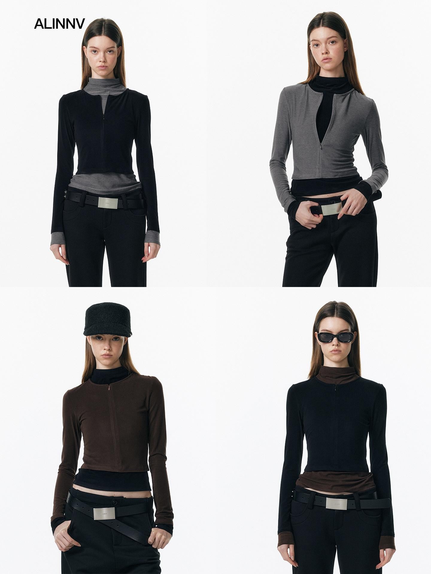 ALINNV Plush Colorblock Faux Layer Zip Half Collar Women&