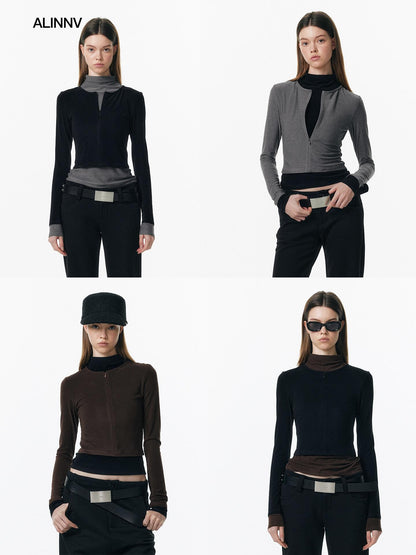 ALINNV Plush Colorblock Faux Layer Zip Half Collar Women&