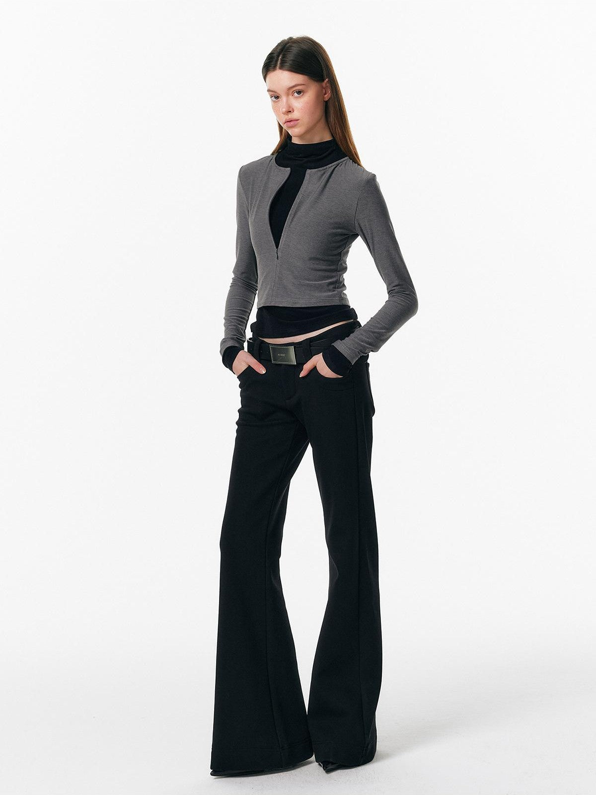 ALINNV Plush Colorblock Faux Layer Zip Half Collar Women&