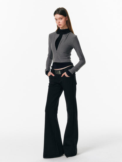ALINNV Plush Colorblock Faux Layer Zip Half Collar Women&