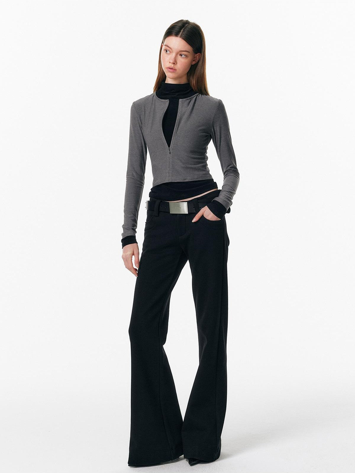 ALINNV Plush Colorblock Faux Layer Zip Half Collar Women&