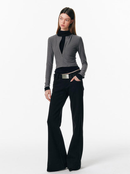 ALINNV Plush Colorblock Faux Layer Zip Half Collar Women&